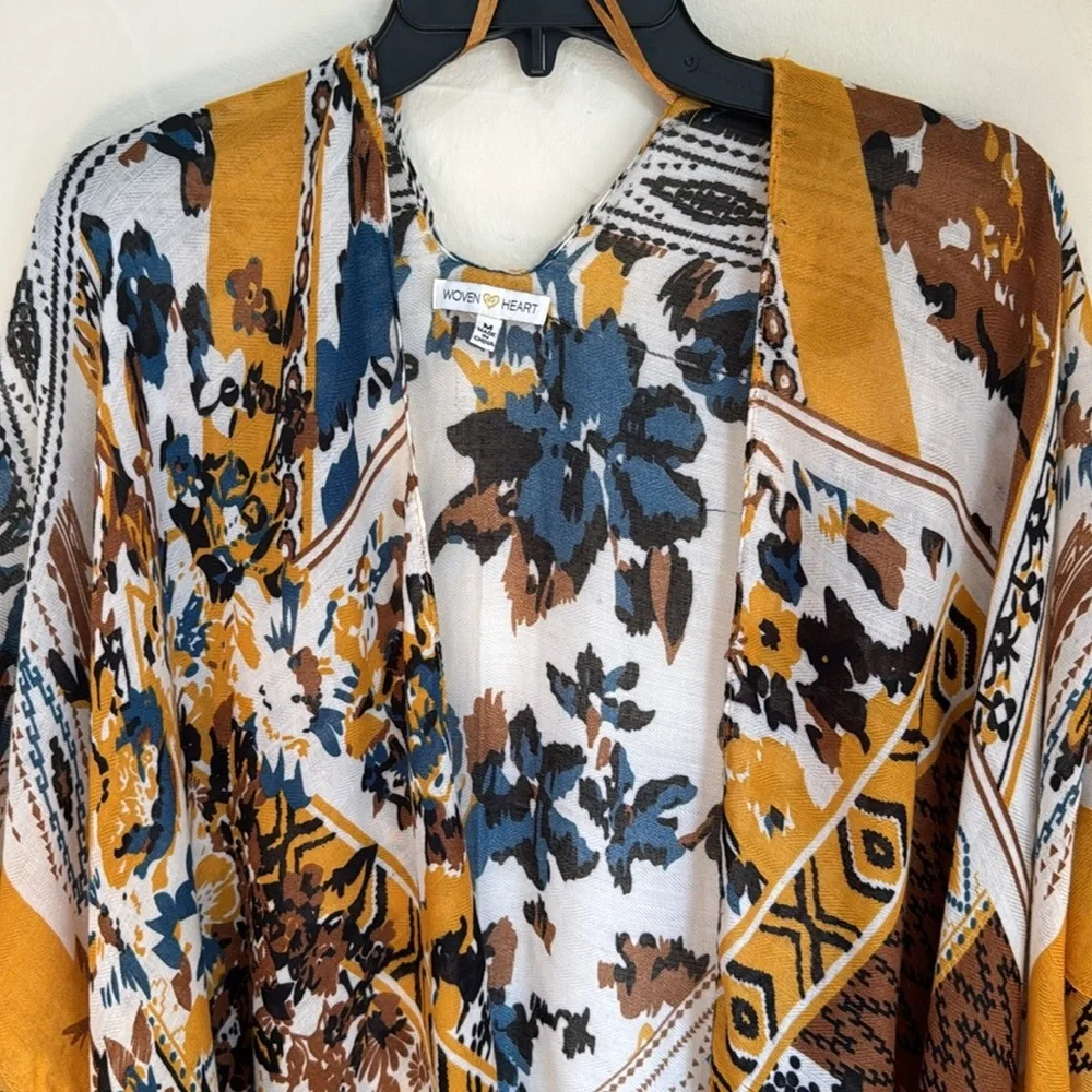 Woven Heart GOLD BLUE BROWN KIMONO W/ TASSELS‎
